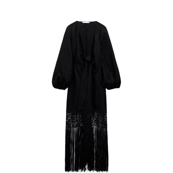 ZARA LINEN DRESS WITH FRINGING - LIMITED EDITION BLACK SIZE  7491/908 - Picture 1 of 4